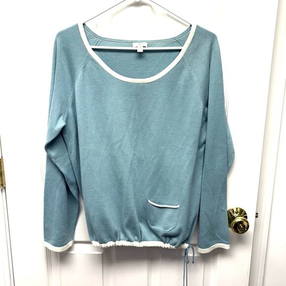J Jill Aqua Blue Sweater Drawstring Pullover Vintage Crew Neck, Size MP - Picture 2 of 7